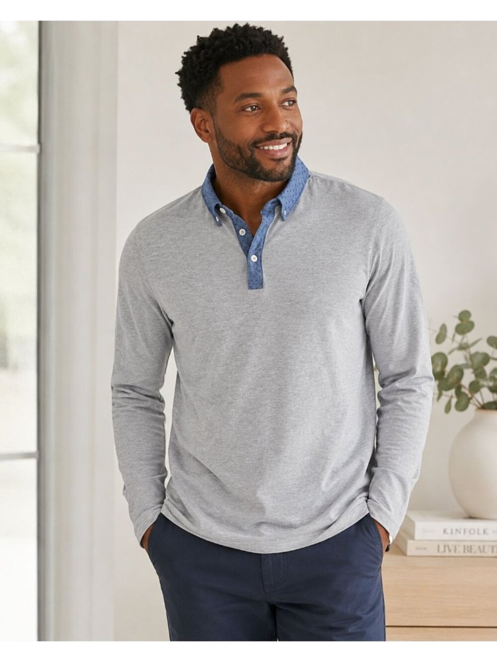 Celio Men’s Gray Henley Shirt Long Sleeve Blue Pattern Placket Casual XL